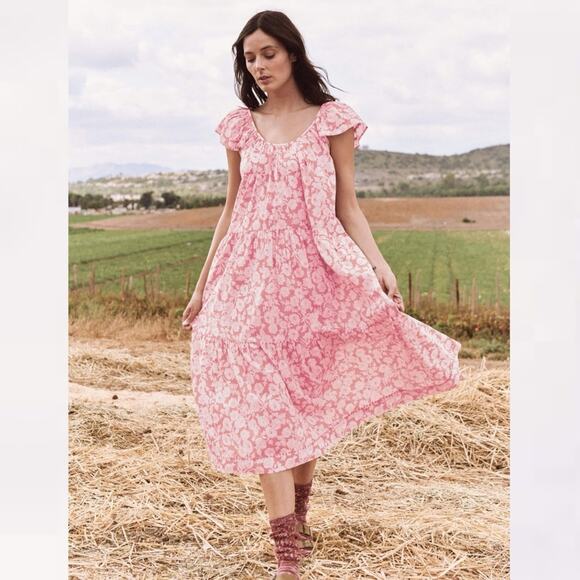 The Great Whipstitched Plumeria Tiered sundress pink Floral prairie summer Sz XS